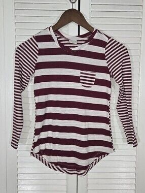 Poof Girl Essentials Maroon White Horizontal Stripe Long Sleeve Knit Shirt Sz M